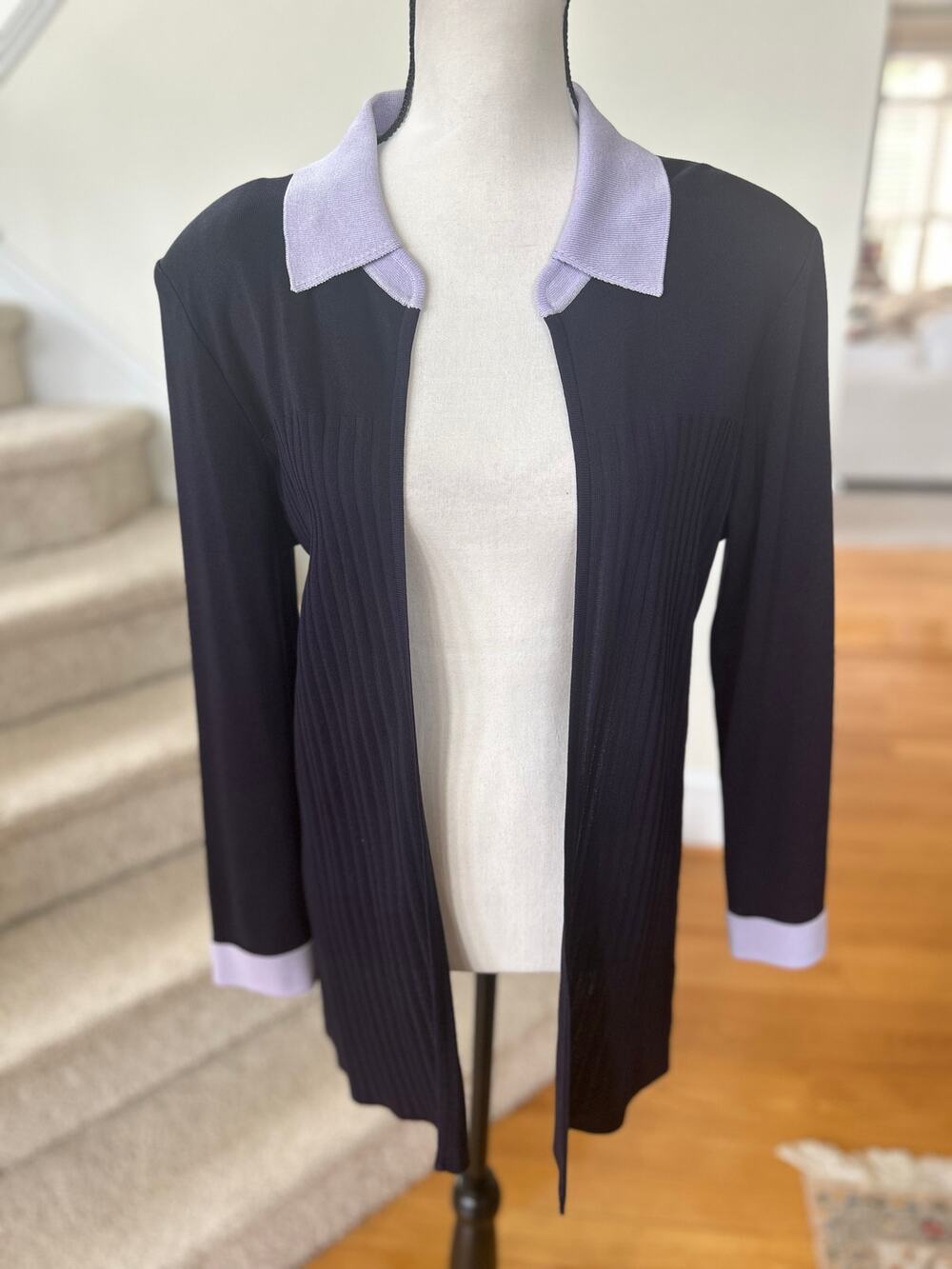 Misook Navy & Lavender Purple Ribbed Open Long Sleeve Collared Cardigan